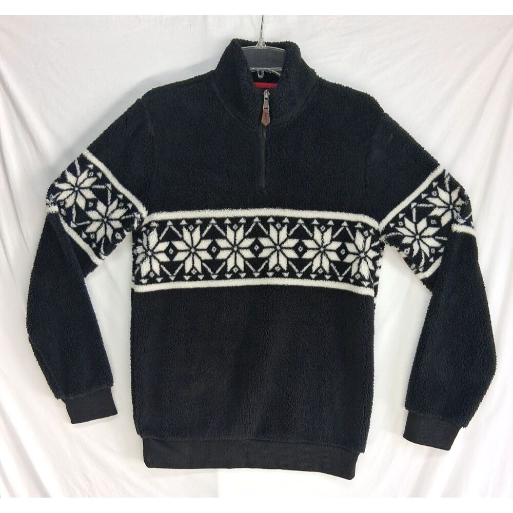 Chaps Mens Fair Isle Snowflake 1/4 Zip Pullover Sweater Black White Small Soft